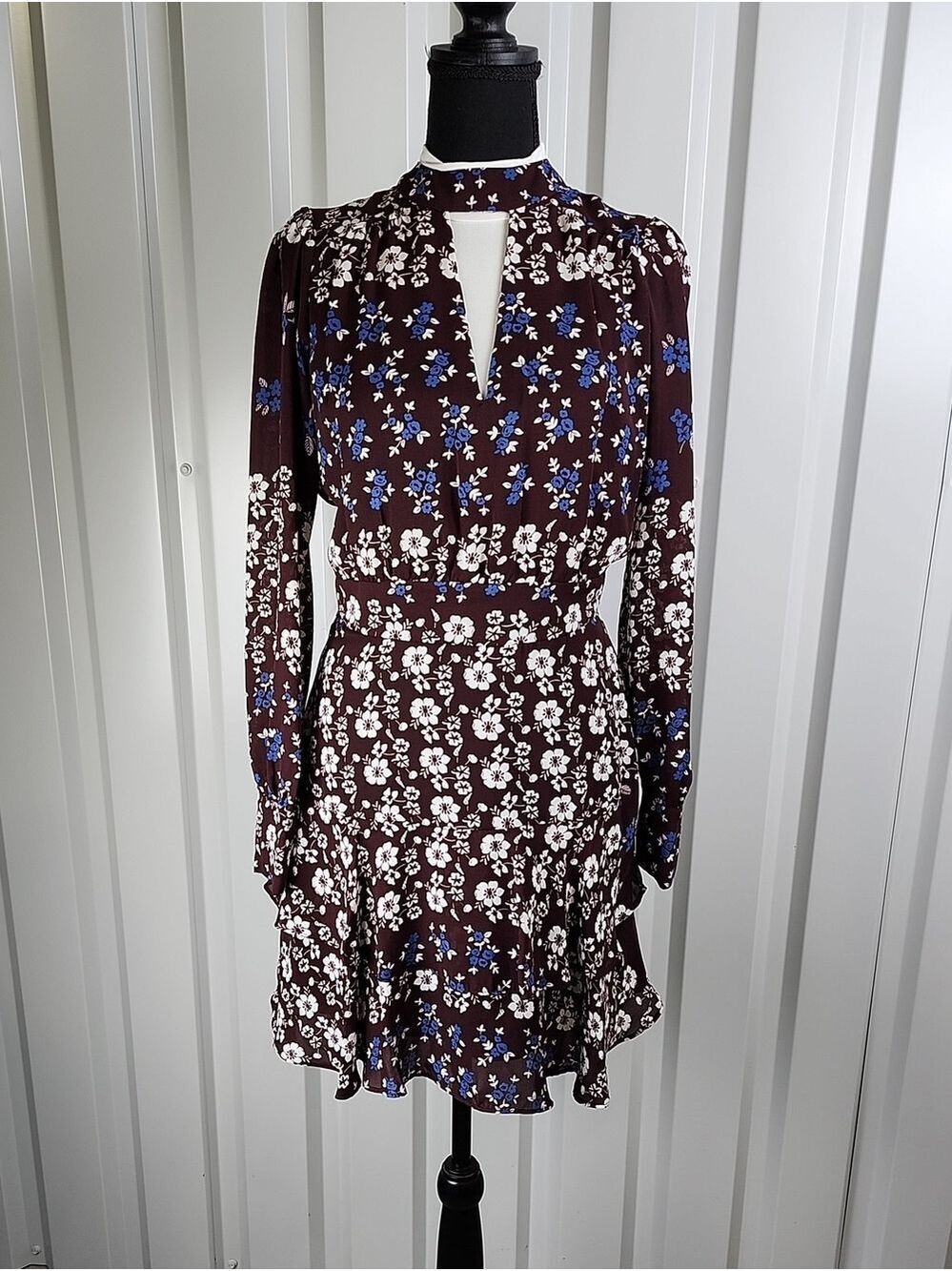 Parker Acacia Burgundy Blue Floral Keyhole Long Sleeve Flounce Dress Small NWT